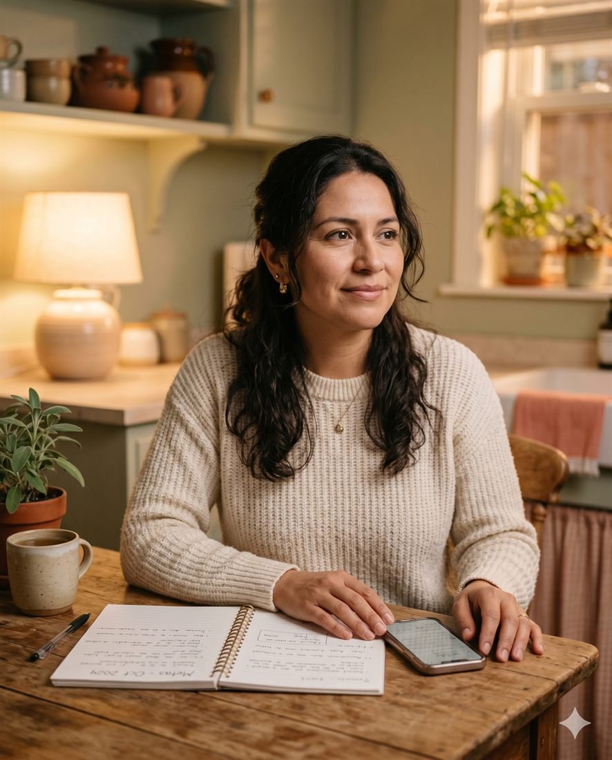 Mujer latina estudiando en la mesa de su cocina por la noche