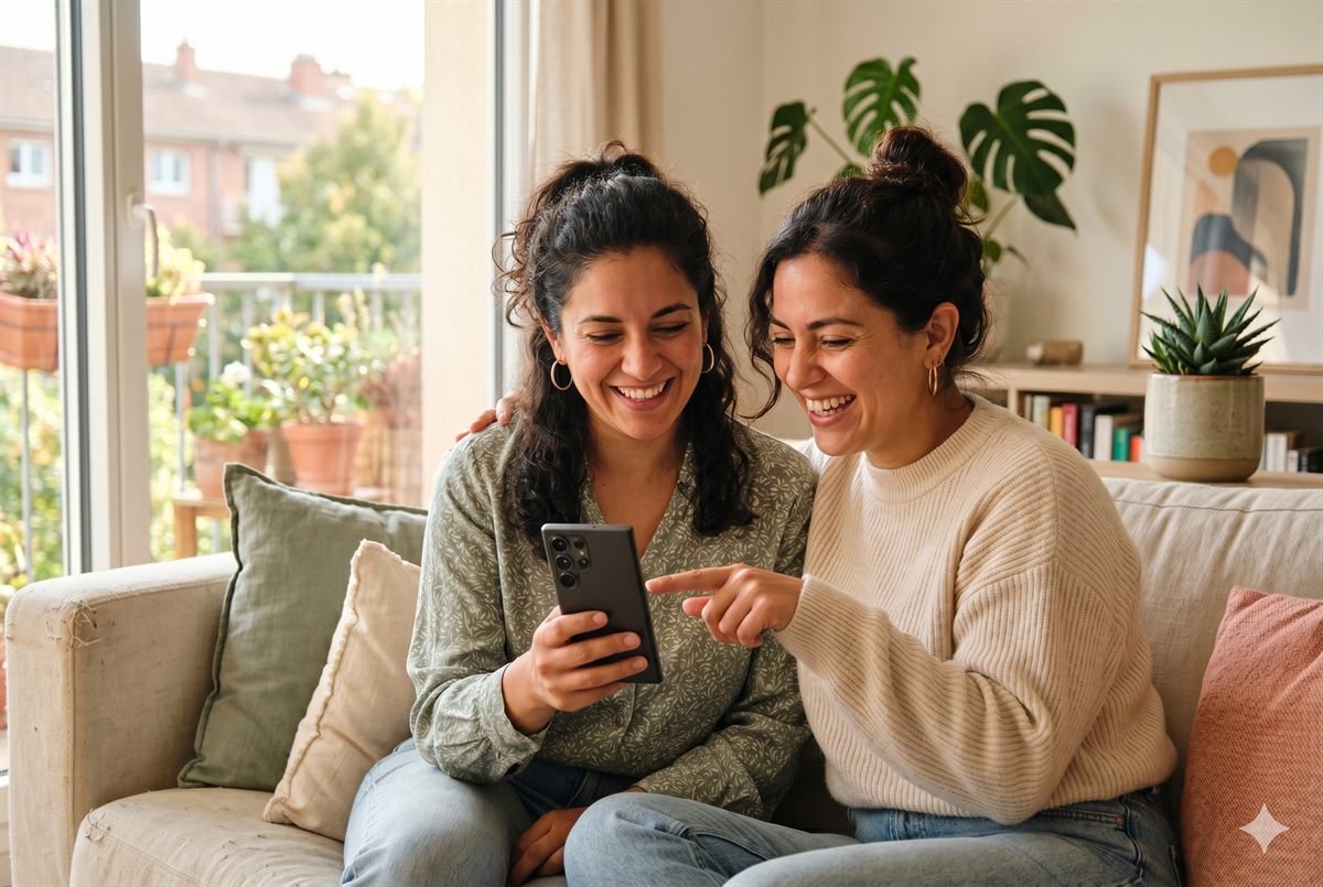 Dos mujeres latinas mirando juntas un teléfono y sonriendo